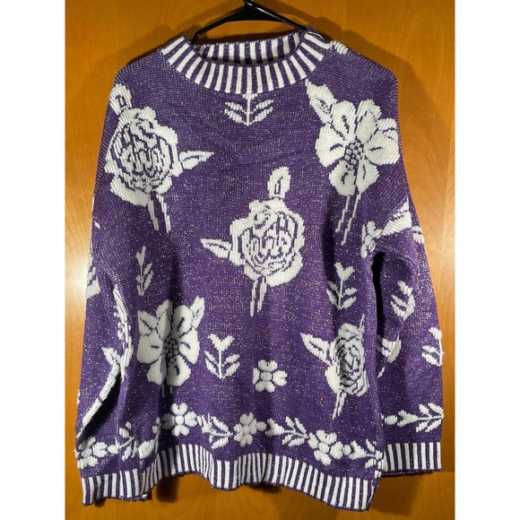 Vintage Glamour Knit Purple Silver Pullover Floral‎ Sweater Size 23x26 - Picture 1 of 9
